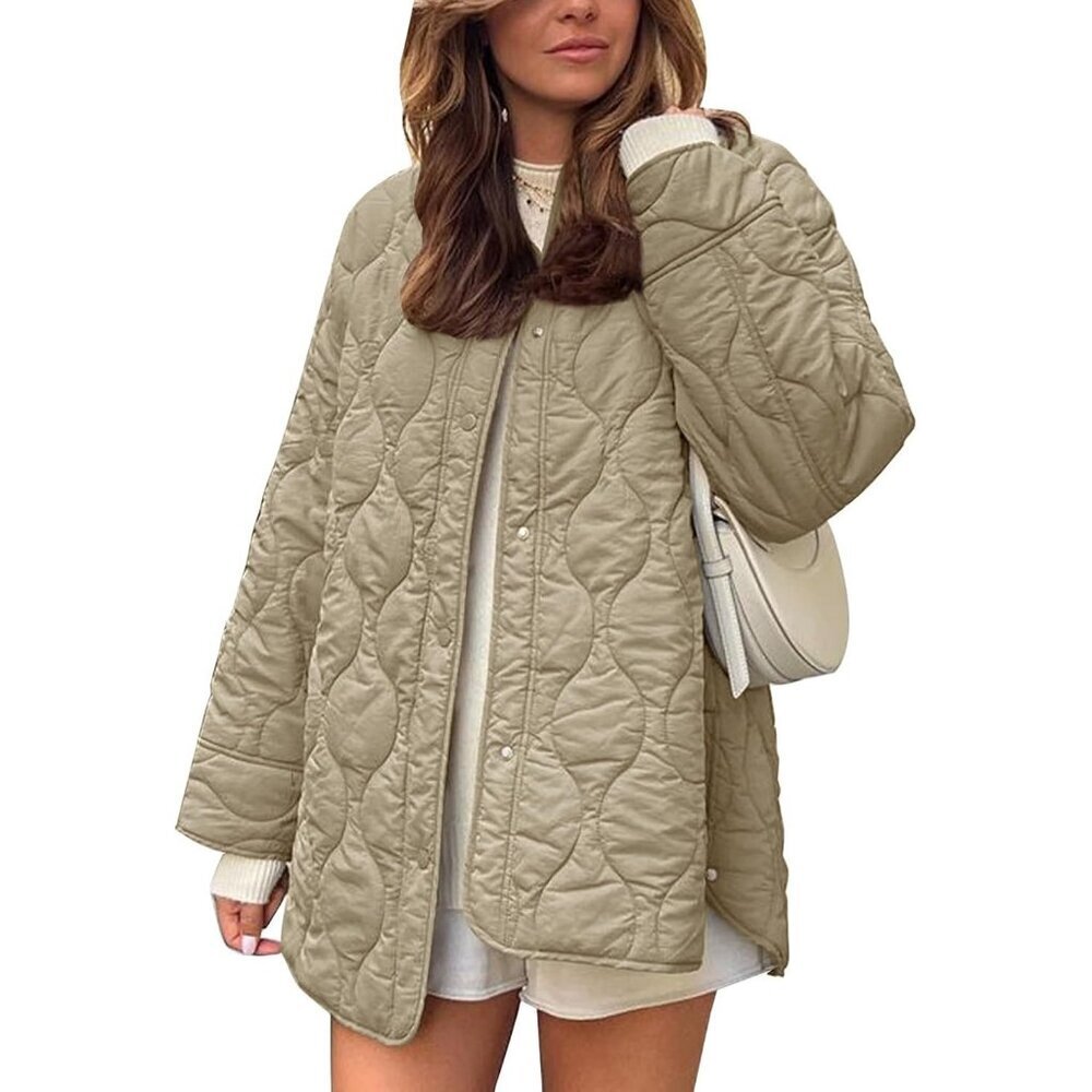 Women's Jacket Puffer Light Khaki Zip Pocket Clothes Button Padded Outerwear